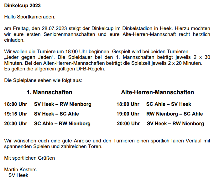 1. Mannschaft belegt Platz drei beim Jubiläumsturnier - Dinkelcup der 1. Mannschaften und Alten Herren am 28.07.2023 beim SV Heek