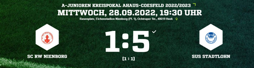 Kreispokal: A-Jugend unterliegt im Viertelfinale Landesligist SuS Stadtlohn mit 1:5 Toren