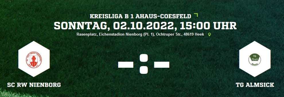 Spitzenspiel am Sonntag, 2. Oktober 2022, 15 Uhr, im Eichenstadion: RWN 1 empfängt TG Almsick 1